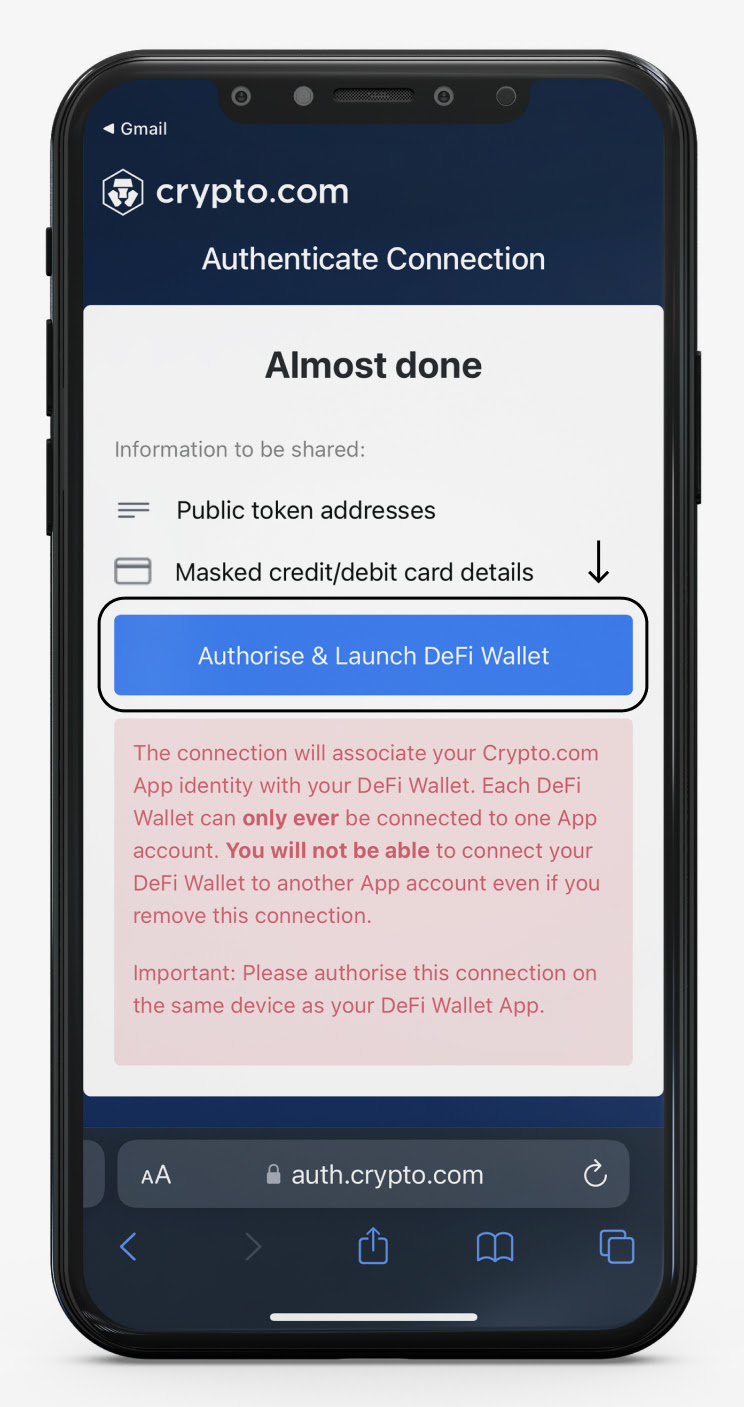 crypto.com to defi wallet authenticate connection almost done authorise and launch defi wallet screenshot