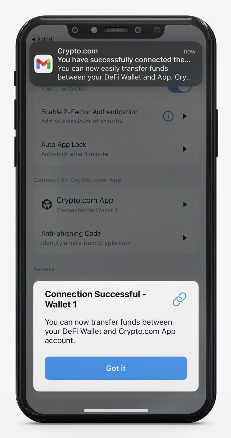 you have successfully connected crypto.com to defi wallet screenshot