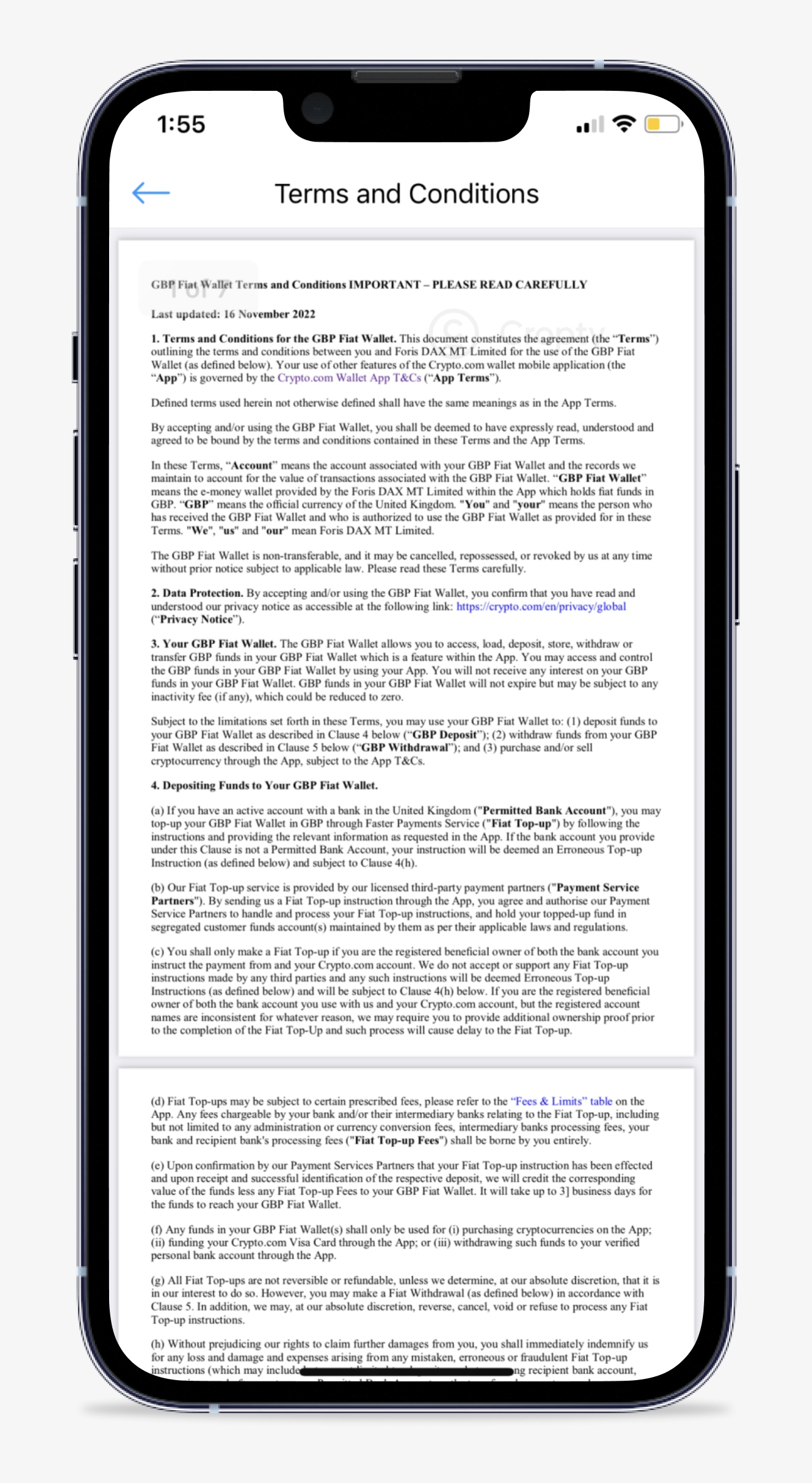 a screenshot of crypto.com app terms and conditions